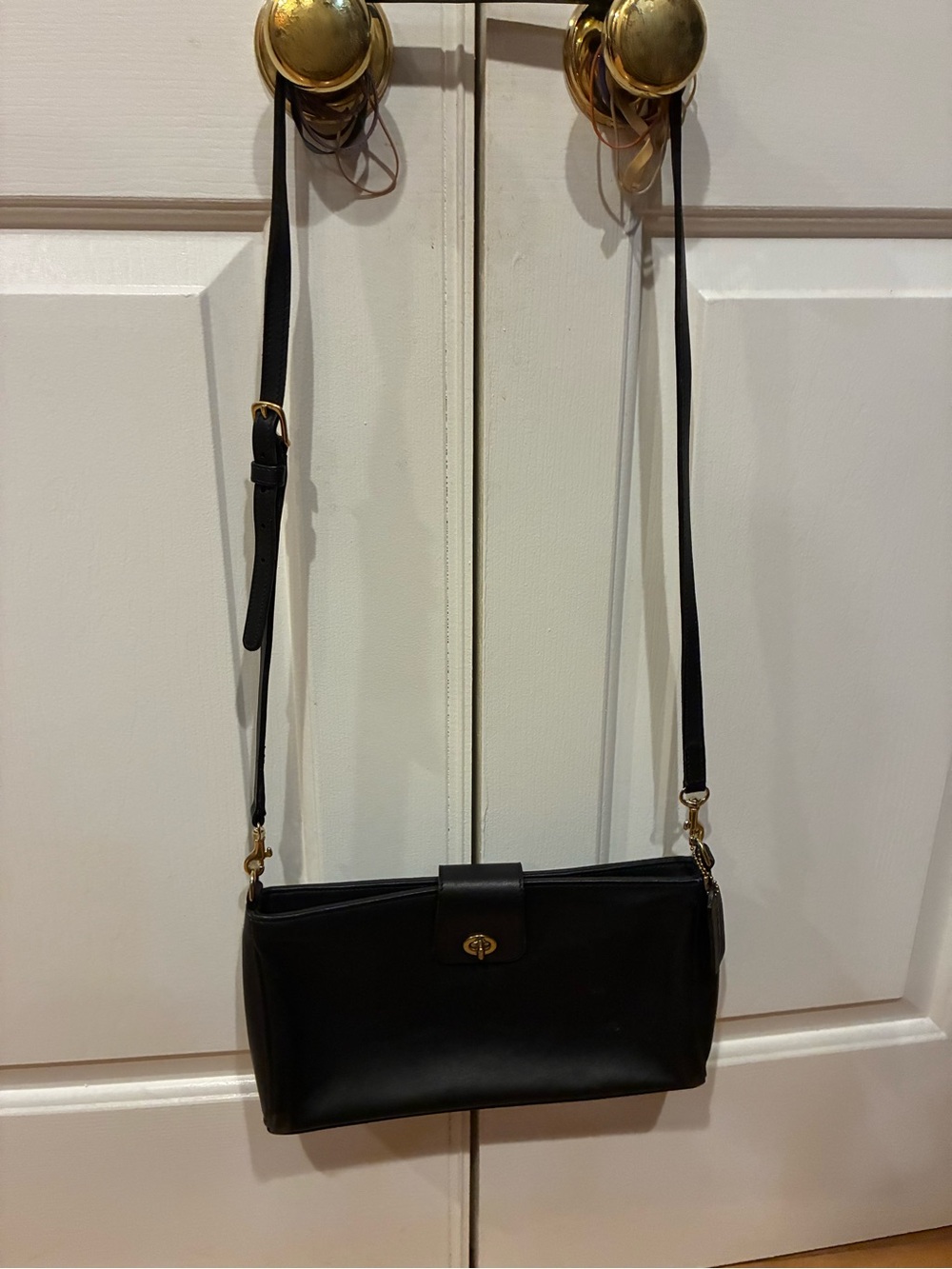 Vintage Coach Black Leather Crossbody with Gold-Tone Hardware